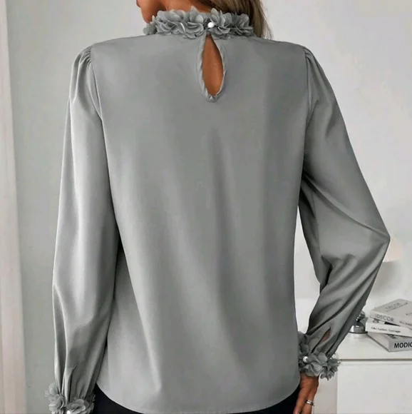 Spring/Autumn Casual Solid Color Puff Sleeve Shirt With Stand Collar Flower - Picture 4 of 4